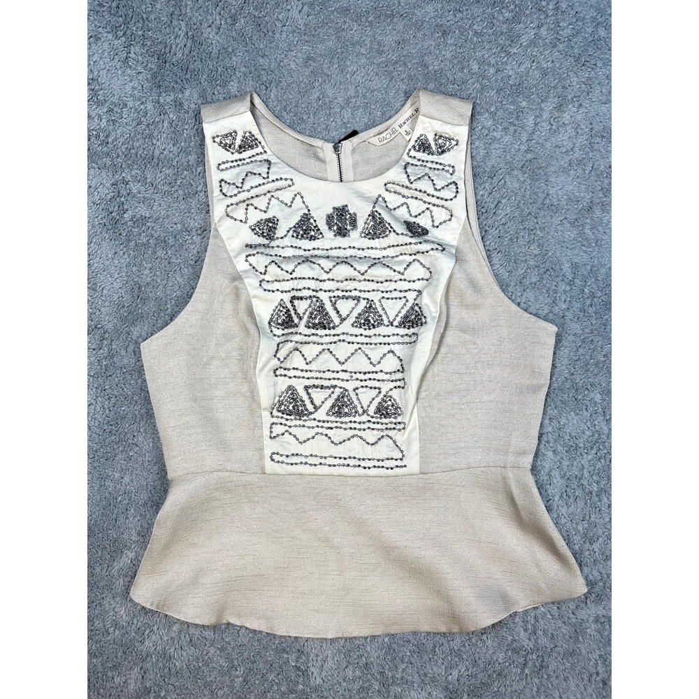 Rachel Roy peplum top 8 womens beaded sand tan‎ boho party 1 sleeveless blouse